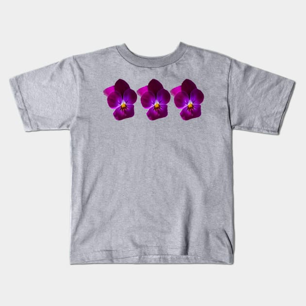 Three Purple Violet Flowers Floral Photo Kids T-Shirt by ellenhenryart